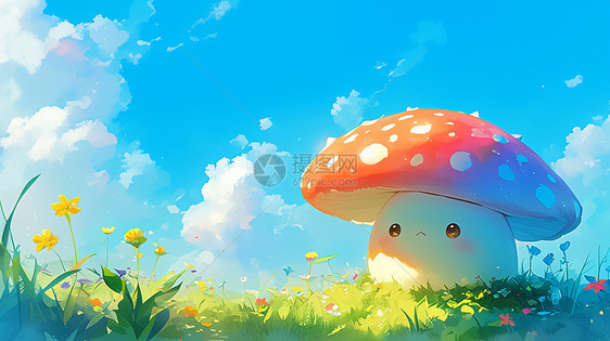 绿油油的草地上一个红色卡通蘑菇图片