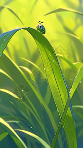 雨后趴在草叶上一个可爱小小的卡通七星瓢虫图片