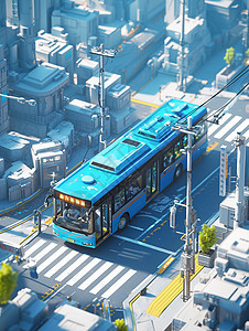 在城市街道上行驶的蓝色卡通公交车图片
