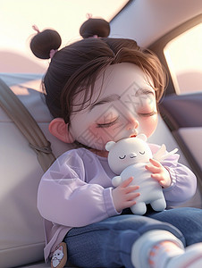 坐在车上抱着玩具睡觉的可爱卡通小女孩图片
