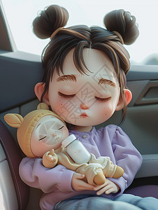 抱着玩具睡觉的可爱卡通小女孩图片