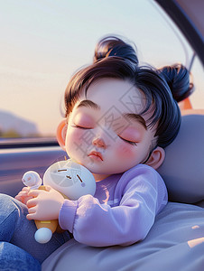 坐在车上抱着玩具睡觉的可爱小女孩图片
