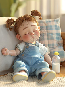 穿着蓝色背带牛仔裤依靠在沙发上睡着了的可爱卡通小女孩图片