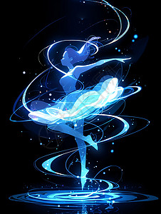 漂亮优雅的卡通女人在跳舞蓝色炫光围绕在身旁高清图片