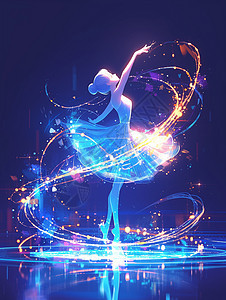 夜晚漂亮优雅的卡通女人在跳舞蓝色炫光围绕在身旁图片