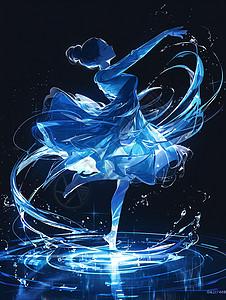 夜晚漂亮卡通女人在跳舞蓝色炫光围绕在身旁高清图片