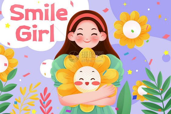 抱着花朵微笑的女孩插画图片