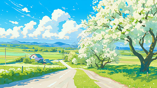 春天嫩绿色调唯美的乡间小路图片