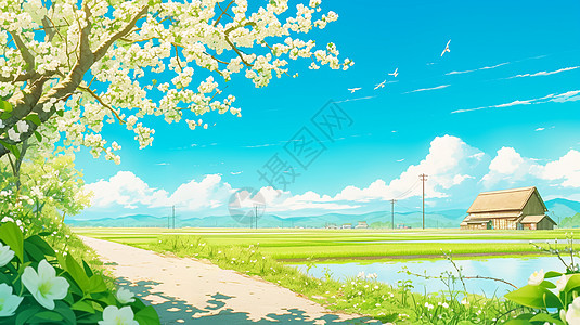 春天嫩绿色调唯美的乡间小路背景图片