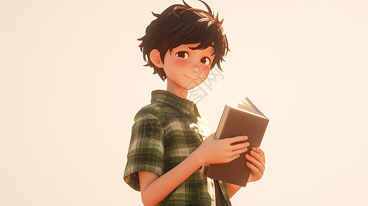 看书的小男孩穿着格子衬衫在认真学习的可爱小男孩插画