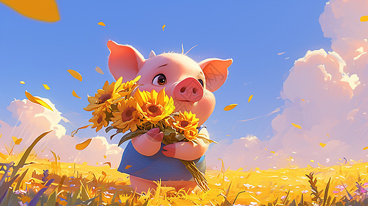 春天怀抱着花束站在花丛中的卡通小猪图片
