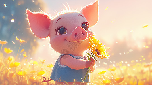 春天怀抱着花束站在花丛中的可爱小猪图片