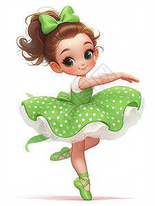 女孩跳舞穿着绿色波点裙头带蝴蝶结跳舞的卡通小女孩插画