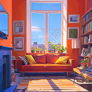 阳光照在温暖的卡通书房沙发上图片