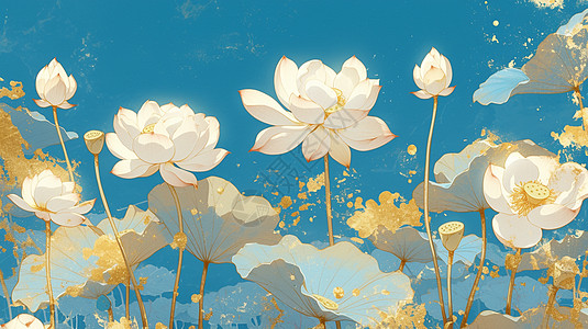 金色荷花中国风唯美优雅的卡通荷花插画