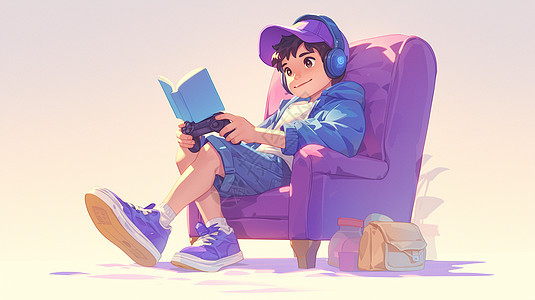 戴着棒球帽坐在沙发上认真看书听音乐的卡通男孩图片
