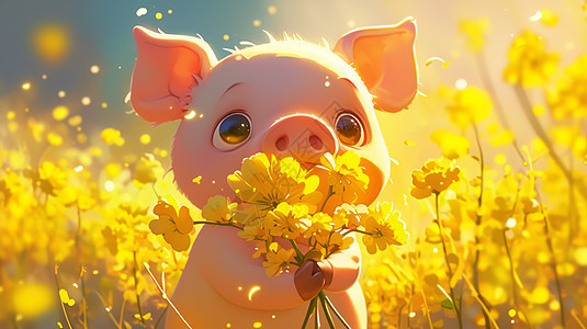 春天在油菜花园中抱着小花可爱的卡通小猪图片