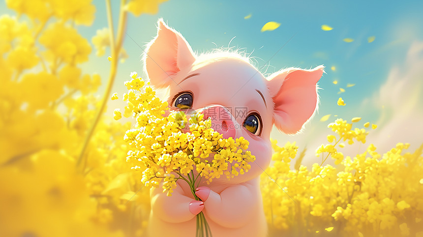 油菜花园中抱着黄色小花可爱的卡通小猪图片