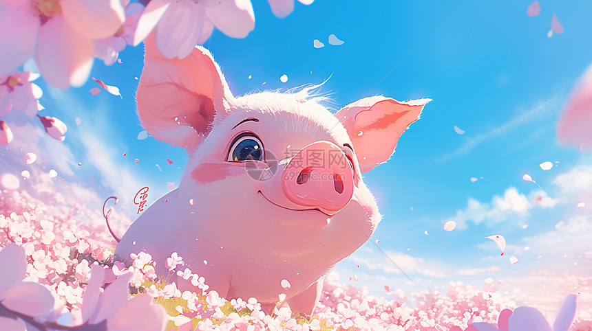 在粉色桃花园中一只卡通小猪图片