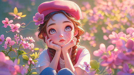 戴着粉色贝雷帽坐在花园中赏花的卡通女青年图片