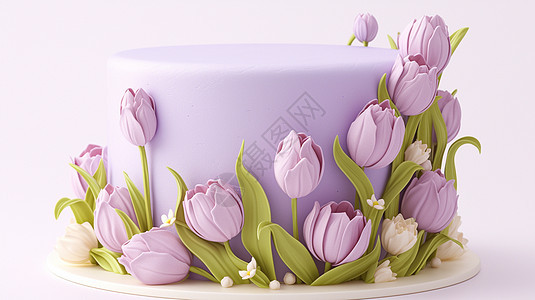浅紫色郁金香花朵主题美味的蛋糕图片