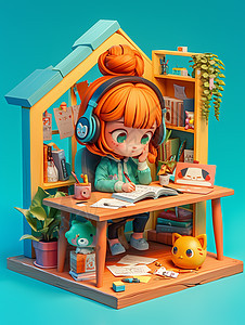 坐在小小书房内认真写作业看书的可爱卡通小女孩图片