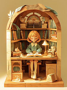 一个卡通小女孩坐在满是书的房间内看书学习图片