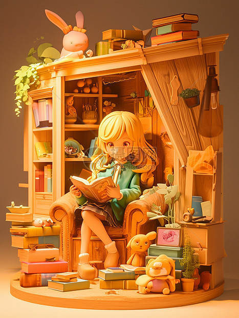 金色立体可爱的卡通小女孩坐在书房内认真看书图片