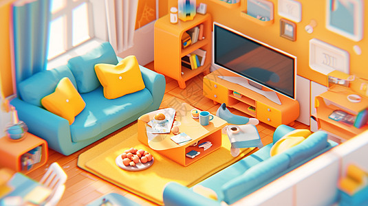 有沙发和电视的立体可爱小客厅图片