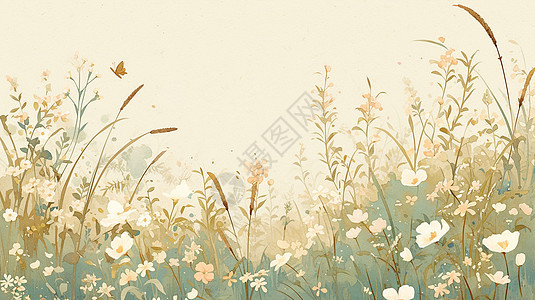 春天草丛中盛开很多小花唯美卡通背景图片