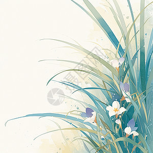 一簇草丛中几朵小野花春天浅色系唯美的卡通背景图片