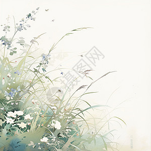 一簇草丛中几朵小野花春天浅色系唯美的卡通背景图片
