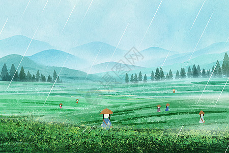 手绘水彩采茶春季大场景谷雨节气插画图片