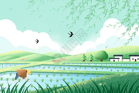 春天耕作谷雨二十四节气插画背景高清图片