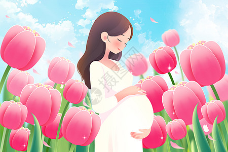 女性地位母亲节幸福的准妈妈在花海插画插画