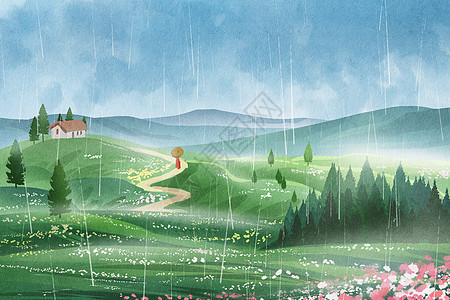 手绘水彩谷雨绿色自然大场景插画插画