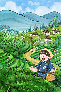 手绘水彩采茶女孩茶田风景乡村小清新插画背景图片