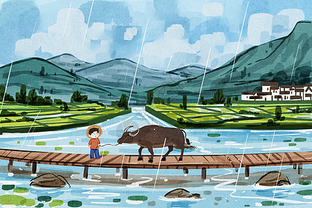 手绘水彩谷雨节气溪流小桥大场景插画图片