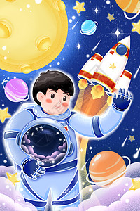 治愈系卡通中国航天日宇宙月球宇航员火箭场景插画高清图片