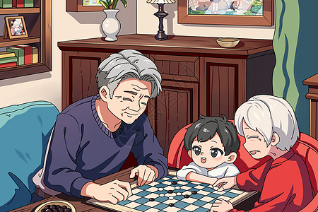 老年人孙子爷爷奶奶休闲下棋赛璐璐插画高清图片