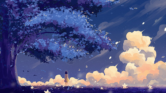樱花树插画手绘治愈系仰望夜空的少女插画插画