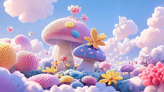 春天山坡上一大片可爱的卡通毛线蘑菇图片