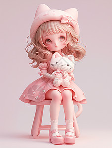 身穿粉色连衣裙坐在板凳上抱着玩具的小清新卡通女孩图片