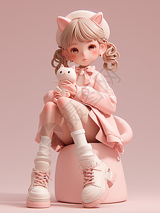粉色连衣裙坐在板凳上抱着玩具的小清新卡通女孩图片