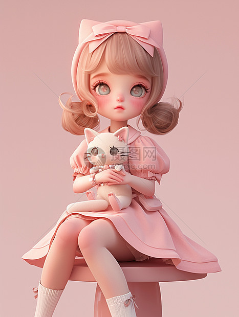 穿粉色连衣裙坐在板凳上抱着玩具的小清新卡通女孩图片