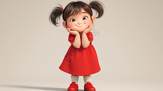 双手托着脸俏皮可爱的卡通小女孩穿着红色衣服图片