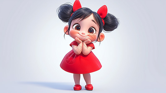 托脸俏皮可爱的卡通小女孩穿着红色衣服图片