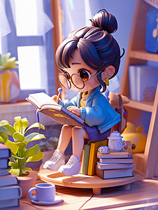 坐在很多书上戴着眼镜认真看书的立体卡通小女孩图片
