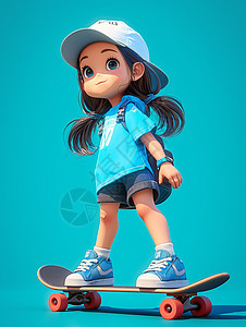 穿着蓝色T恤玩滑板的小女孩图片