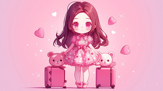 站在大大的行李箱旁穿着公主裙可爱小女孩图片